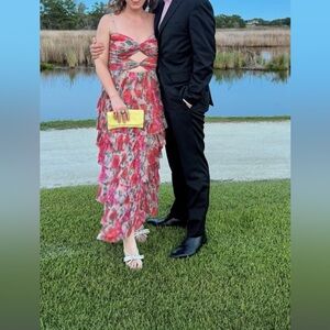 Gianni Bini Floral Pink and Red Ruffle Dress - Size 8